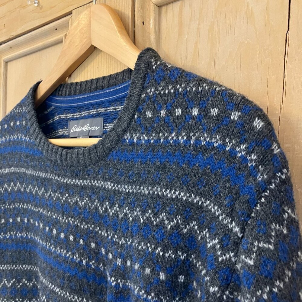 Eddie Bauer Mens Vintage Y2K Fair Isle Nordic Wool Sweater Sz. Large Blue FA EXC - Picture 3 of 11